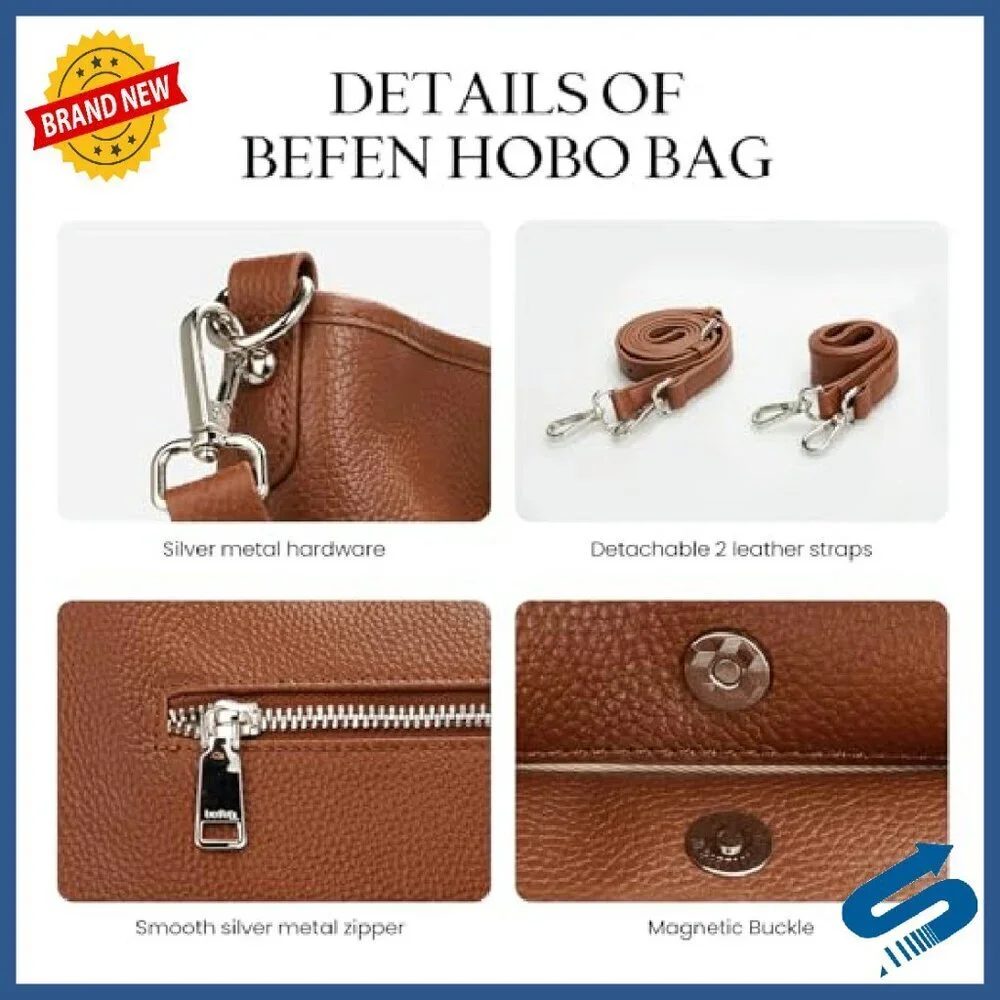 Large Genuine Leather Hobo Bag with Multiple Pockets, Crossbody Shoulder Handbag